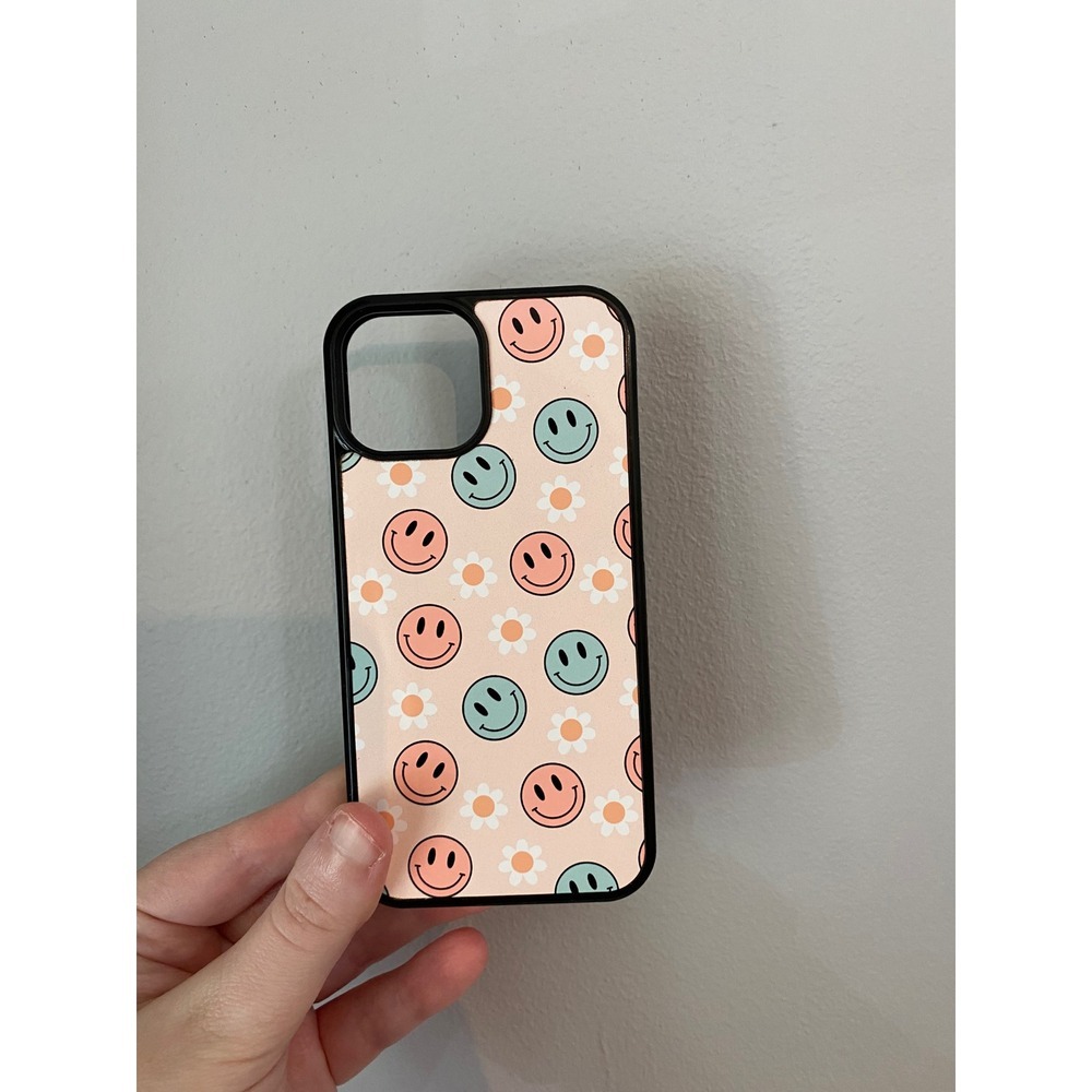 Phone Case iPhone 13 Mini Peach Smiley Face Daisy Retro Floral Print Bumper